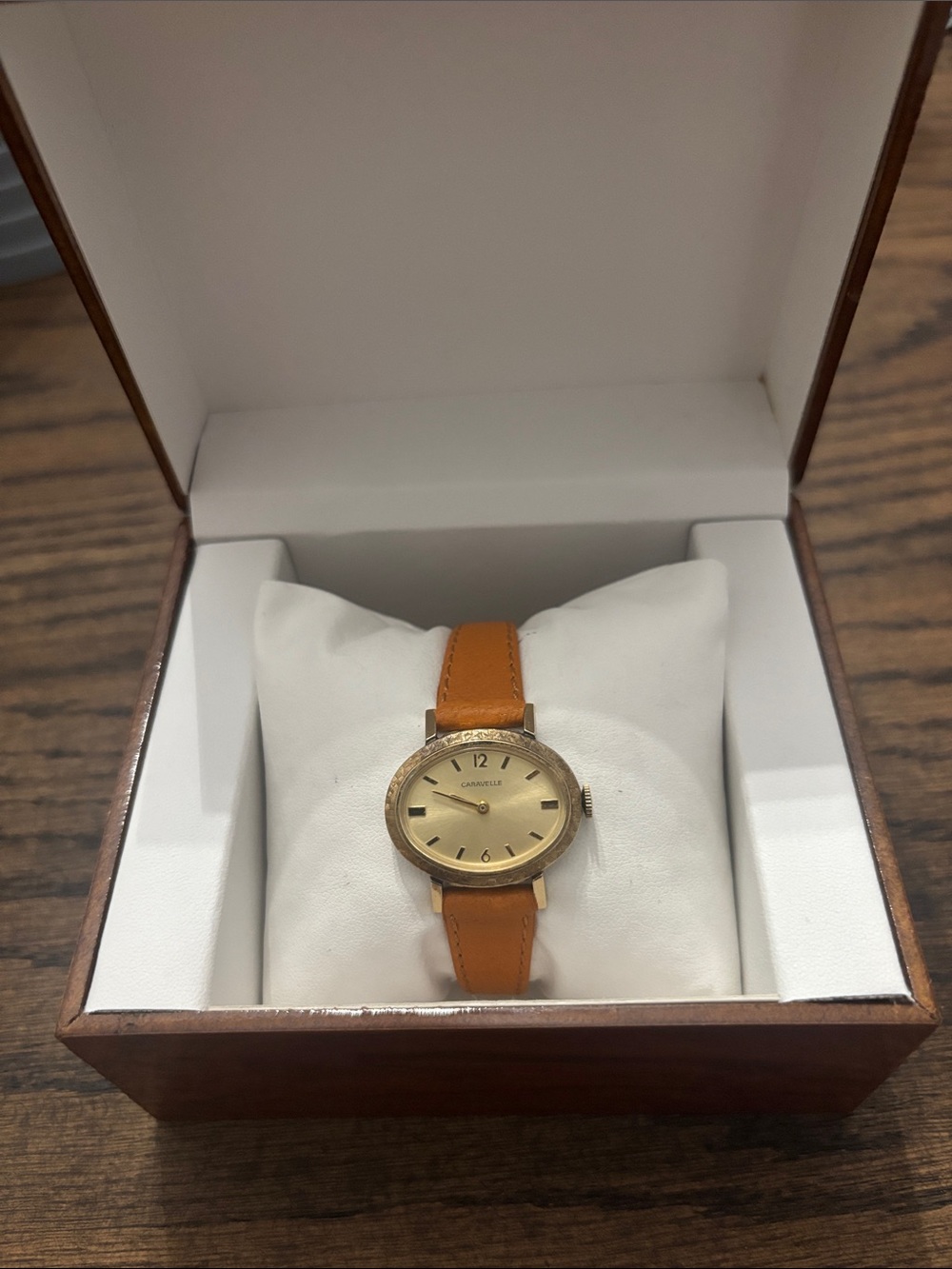 Caravelle Wind-Up Gold Tone Watch with Tan Pigskin Strap
